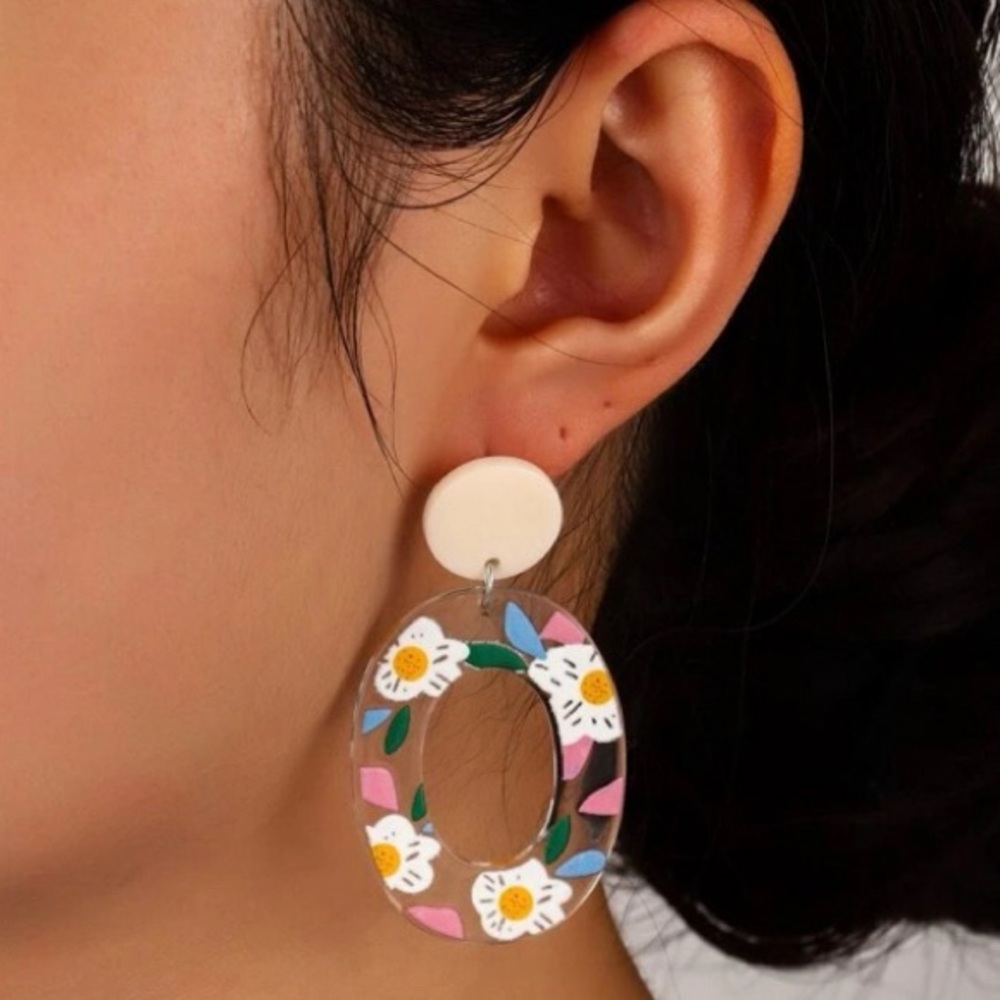 Flower Print Oval Drop Earrings